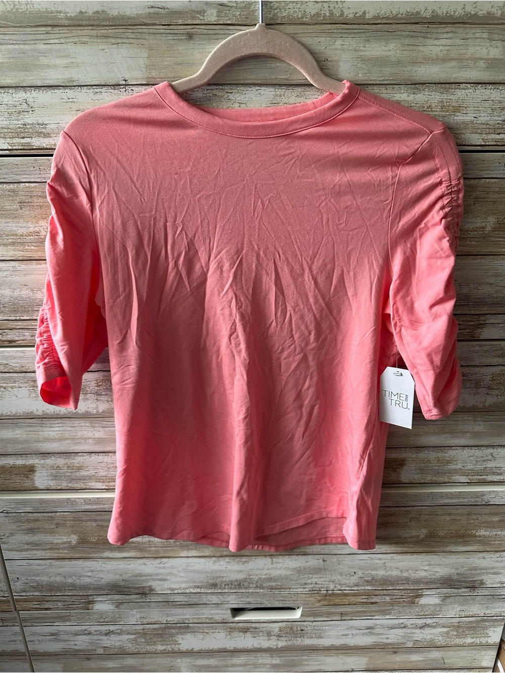 🌸 NWT Time and Tru Ruched Sleeve Tee Top Pink XS (0-2) - Picture 1 of 7